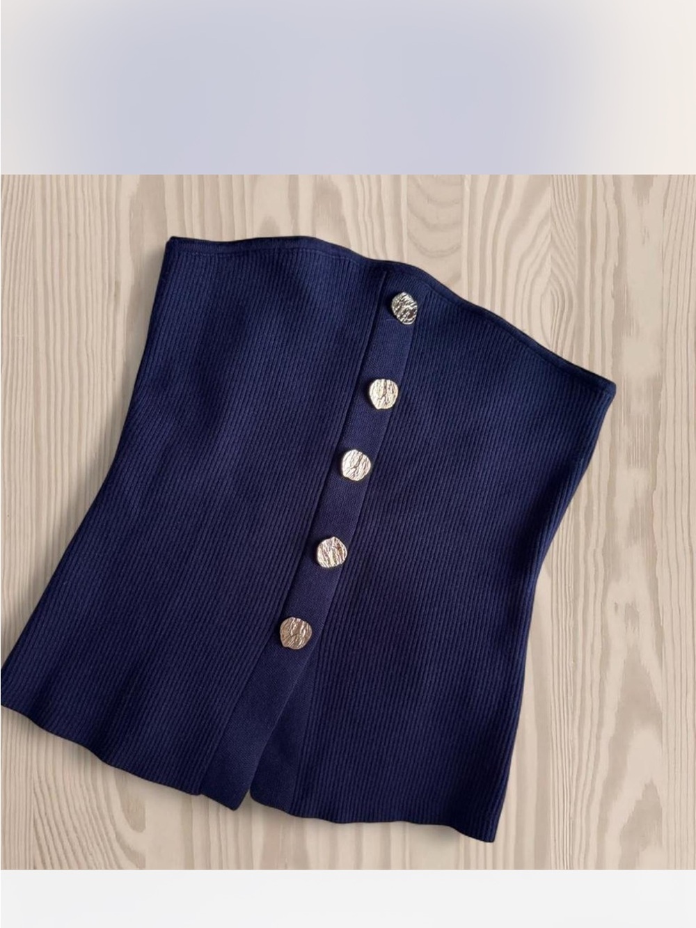 Strapless Knit Button-Front Top - Navy - Picture 3 of 7